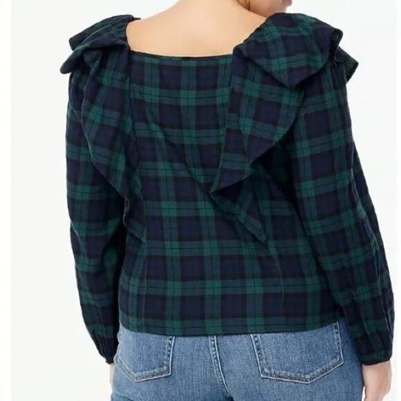 J Crew Shirt Womens Large Blackwatch Plaid Flannel Preppy Ruffle Classy Blouse - Picture 2 of 5